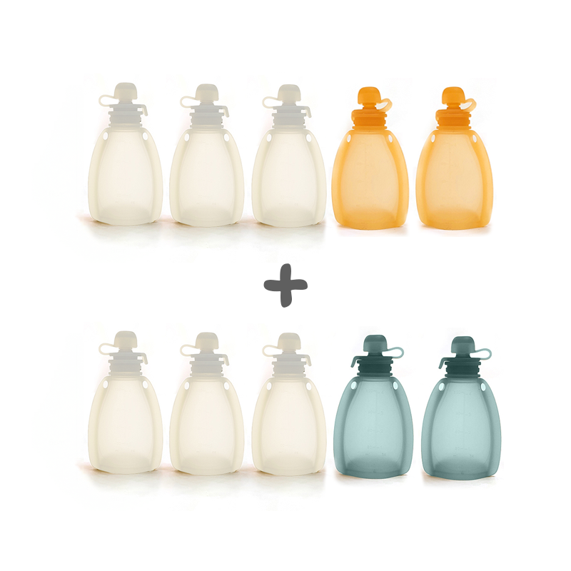 GØLI | Klemmepose / Smoothiepose i 100% Silikon, 10-pakning, 120 ml | 6 x Klare, 2 x Fersken, 2 x Grønne